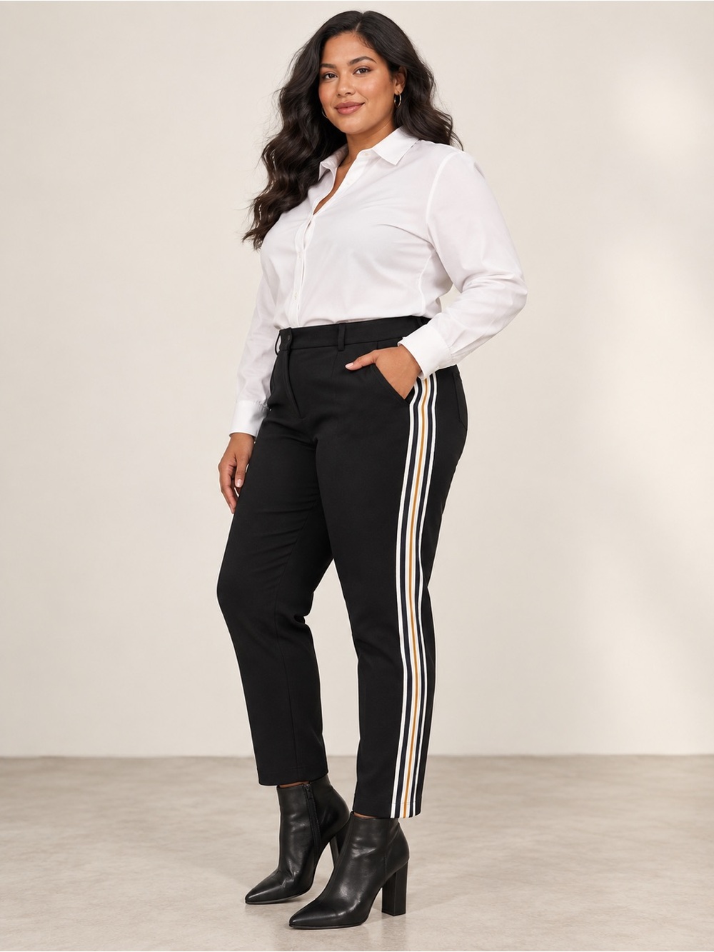 Express Skinny Mid Rise 18R Black Ponte Pants Orange White Side Stripe Trousers